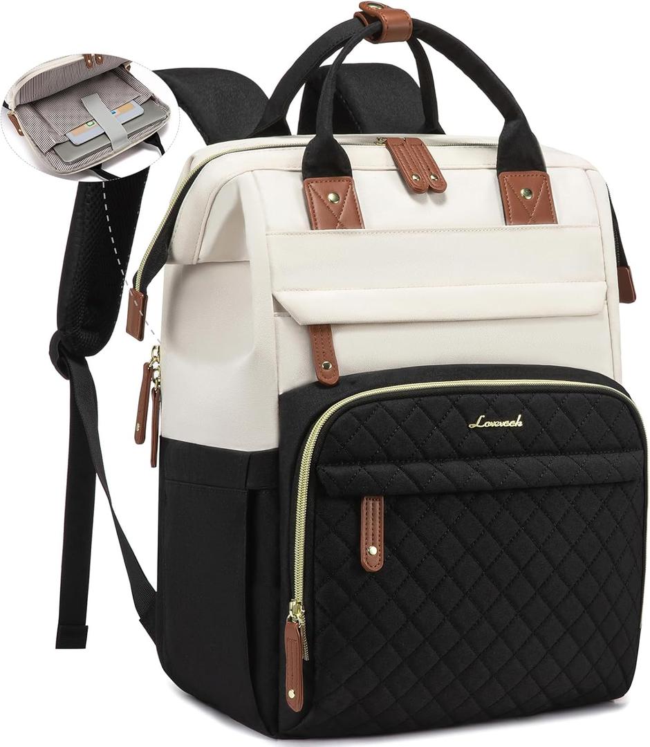 LOVEVOOK Laptop Backpack for Women, 17.3'' Waterproof Nurse Bag Teacher Work Backpack Purse for Women, Travel Computer Backpack for College Office Business Ladies (Cream-Black)