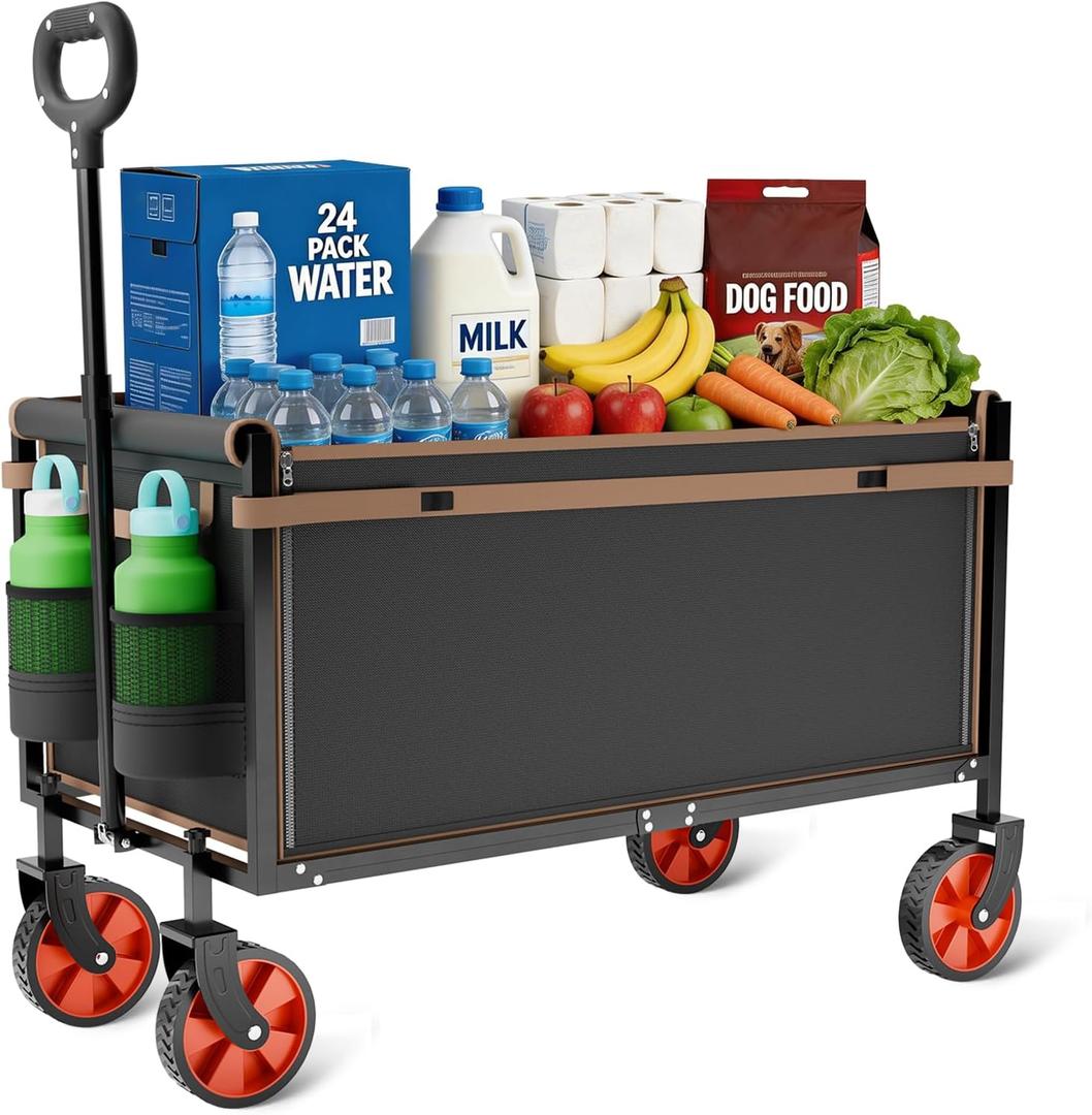 Foldable Wagon Cart with All-Terrain Wheels, 220LBS Load Capacity Collapsible Grocery Cart, Lightweight Portable Utility Wagon for Market Shopping, Apartment, Sports, Beach, Camping