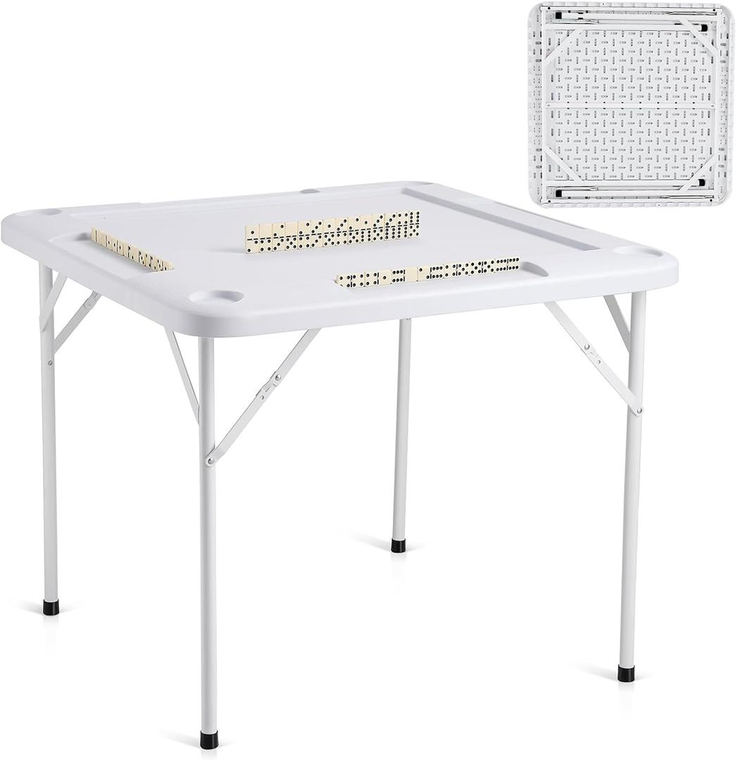 VEVOR Mahjong Table, Square 4 Player Folding Card Table with 4 Cup Holders & 4 Chip Trays, Portable Domino Game Table with 1 Set of Dominoes for Mahjong Poker Puzzles, 35.4 x 35.4-inch, White