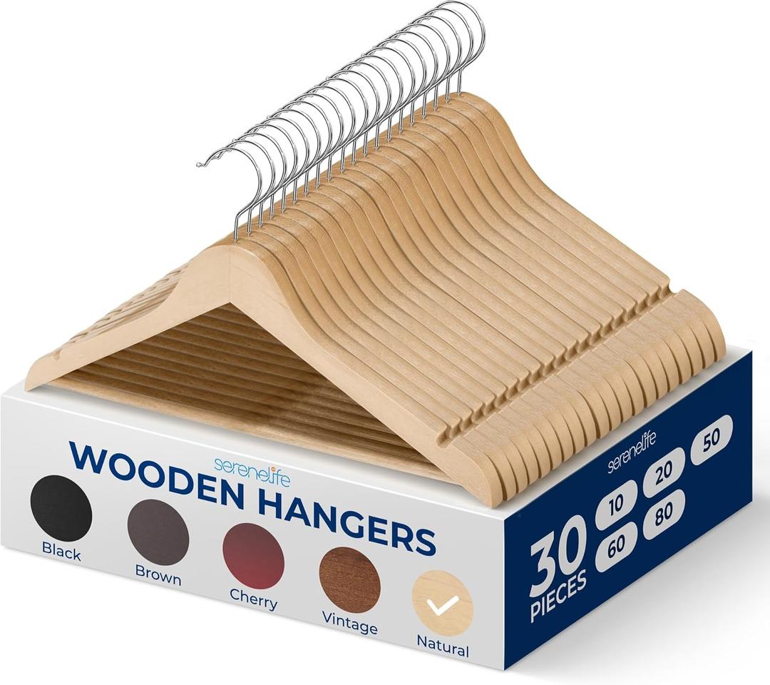 SereneLife 30-Pack Heavy Duty Wooden Hangers  Solid Wood Clothes Hanger Set with 360 Swivel Hook, Pant Bar & Notches for Jackets, Suits, Dresses, and Tops  Natural Smooth Finish