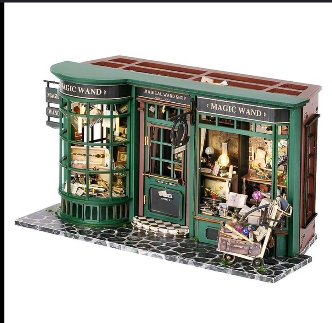 Miniature Dollhouse Kit, Wooden Mini House Building Kit, DIY Book Nook Kits for Adults, Magic Wand Shop Model with LED Light, Christmas Birthday Gifts for Adults Teens (Magic House)