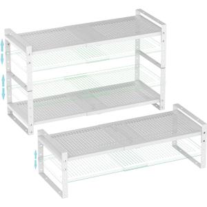 Expandable Spice Rack, Stackable Metal Pantry Storage Shelves Stand, Adjustable Height Cabinet Shelf Organizer Racks(3PACKS/WHITE,LARGE)