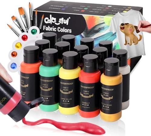 Colorful Permanent Fabric Paint, 14 Colors Soft Fabric Paint in Bottles (30ml/1oz) with Brushes, Palette, Non-Toxic Textile Paint for Creative DIY Clothes, T-Shirts, Shoes Art and Crafts