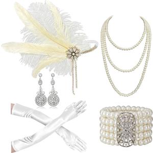 Cizoe Flapper Accessories for Women,20s Great Gatsby Accessory Set 1920s Headpiece Flapper Headband Gloves Necklace (Ivory)