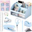 Desk Accessories with Pen Holder, Office Supplies Desk Organizers and Accessories, Tape Dispenser, Stapler, Staple Remover, Staples, Clips Set, Ruler, Scissor, Pen, Tape (Blue)