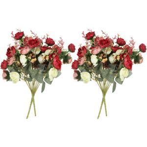 PATIKIL 7 Branch 21 Heads Artificial Silk Mini Rose with Stem, 4 Pack Fake Flowers Leaf Rose Decor Bouquet for Wedding Home Office Decoration, Red
