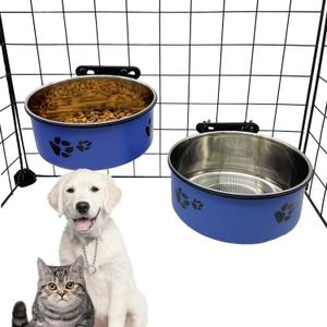 Dog Crate Food and Water Bowl 2Pcs Small Pet Hanging Kennel Removable Dish Feeding Cup with Holder for Medium Large Size Cat Puppy (Blue, 5.5''X2.3''&6.3X2.5'')