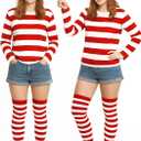 Halloween Costume Sets, Halloween Women Cosplay Red White Striped Shirt Beanie Cap Glasses Socks for Halloween Party (White)