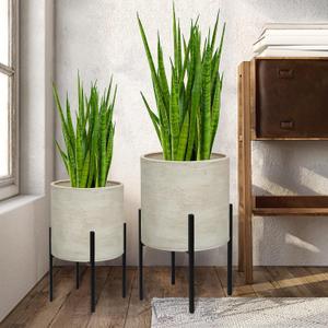 ARNIS Modern Plant Pots, Large Planters with Stand, Set of 2 Decorative Planters, Metal Pots with Drainage Holes for Living Room, Office, Garden or Balcony, 10.5 &12.55 Inch, Dirt, 10.5 &12.25