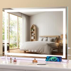 Large Lighted Vanity Mirror, 23" x 19" Light Up Make up Mirror with Smart Touch 3 Colors Dimmable, Tabletop or Wall-Mounted, Memory Function (White)