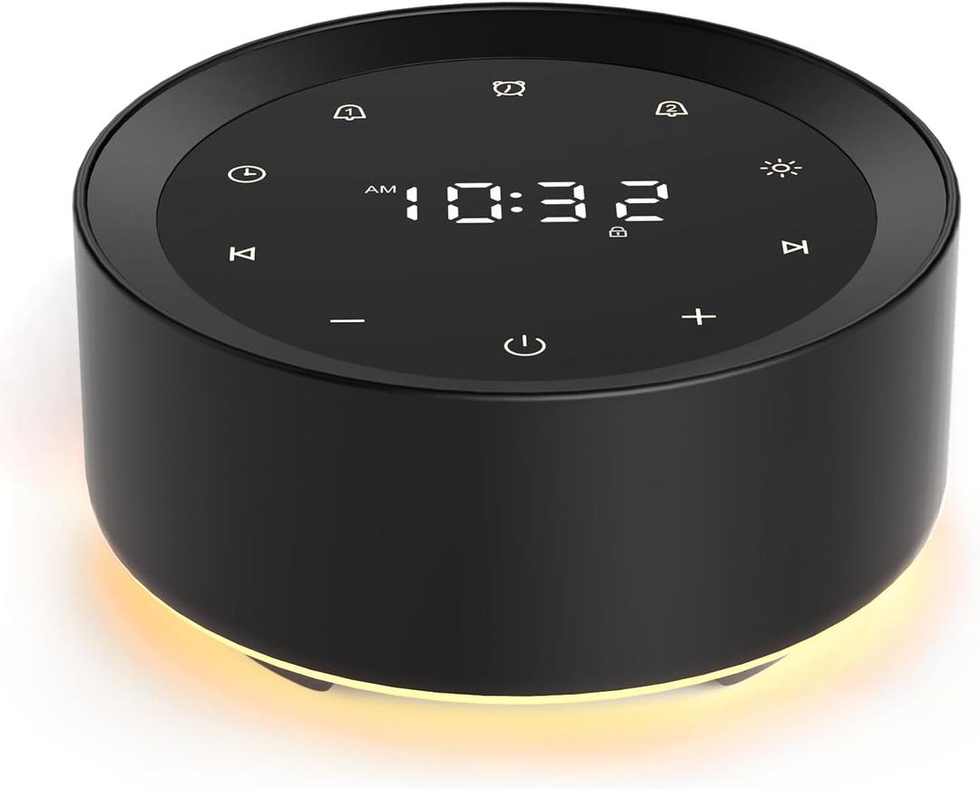 White Noise Machine with Alarm Clock & Night Light for Babies and Adults, 20 Soothing Sounds, Glare-Free Upward Display, Touch Control, Memory Function, 5 Sleep Timers, Black (Medium: 4.57 x 4.57 x 2.16 Inch)