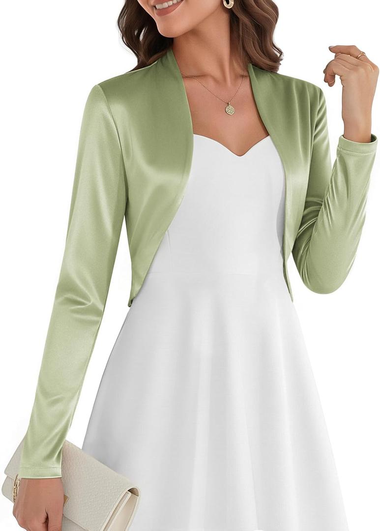 Belle Poque Women Long Sleeve Bolero Shrug Open Front Satin Jacket Ruffled Shrugs for Evening Dresses Formal (X-Large, Light Green)