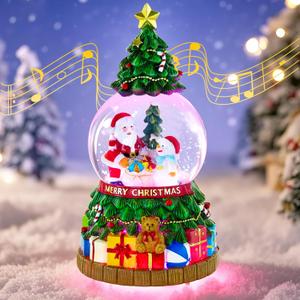 Musical Snow Globe Christmas Tree Lantern Lighted Santa's and Snowman, Christmas Snow Water Lantern Glittering Home Decoration and Gift, Battery & USB Powered