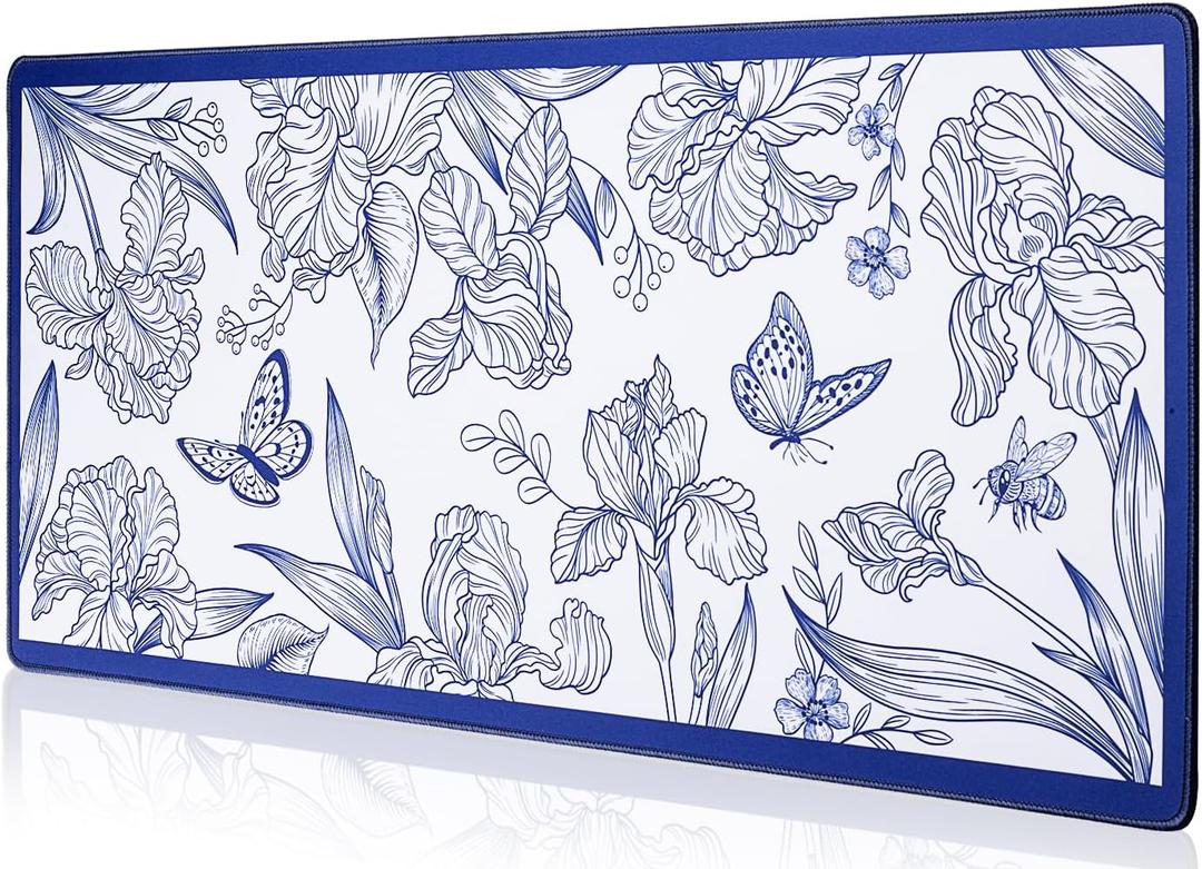 Blue Large Extended Mouse Pad, Beautiful Flowers Plants, Waterproof Mouse Mat for Home and Office, Gaming Mousepad Laptop Keyboard Mat with Non-Slip Base, Stitched Edges (31.5"x11.8"x0.12")