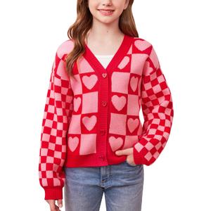 Girls St Patricks Button V-Neck Knit Sweater Cardigan Irish Lucky Shamrock Outfit 6-14 Years (Pink | Heart Checks)