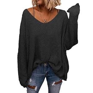 BZB Women's V Neck Long Sleeve Knit Loose Oversized Pullover Sweater Black M
