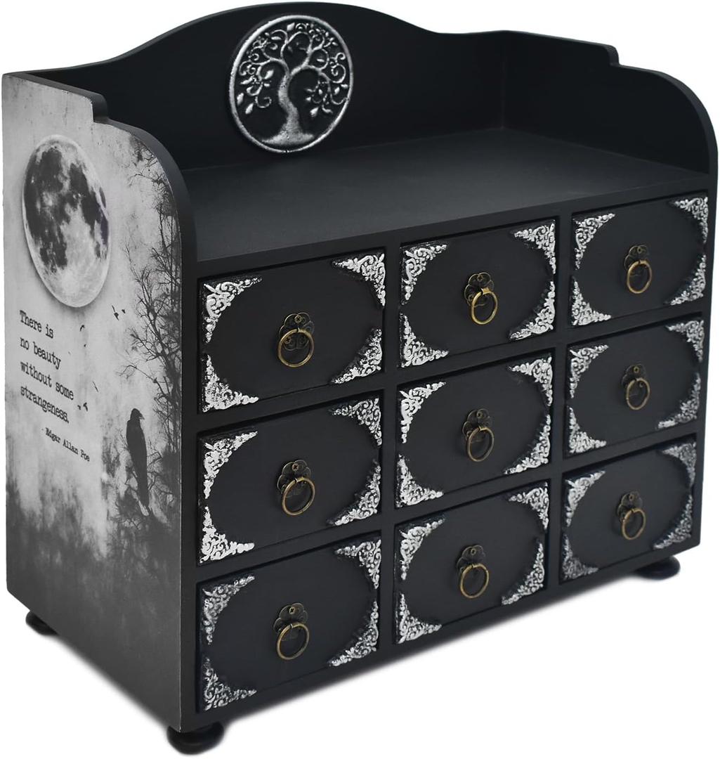 IRISVITA Black Rustic Gothic Jewelry Box With 9 Drawers, Edgar Allan Poe Poems Cabinet of Curiosites, Gothic Decor, Gift for Poetry/Goth Fans