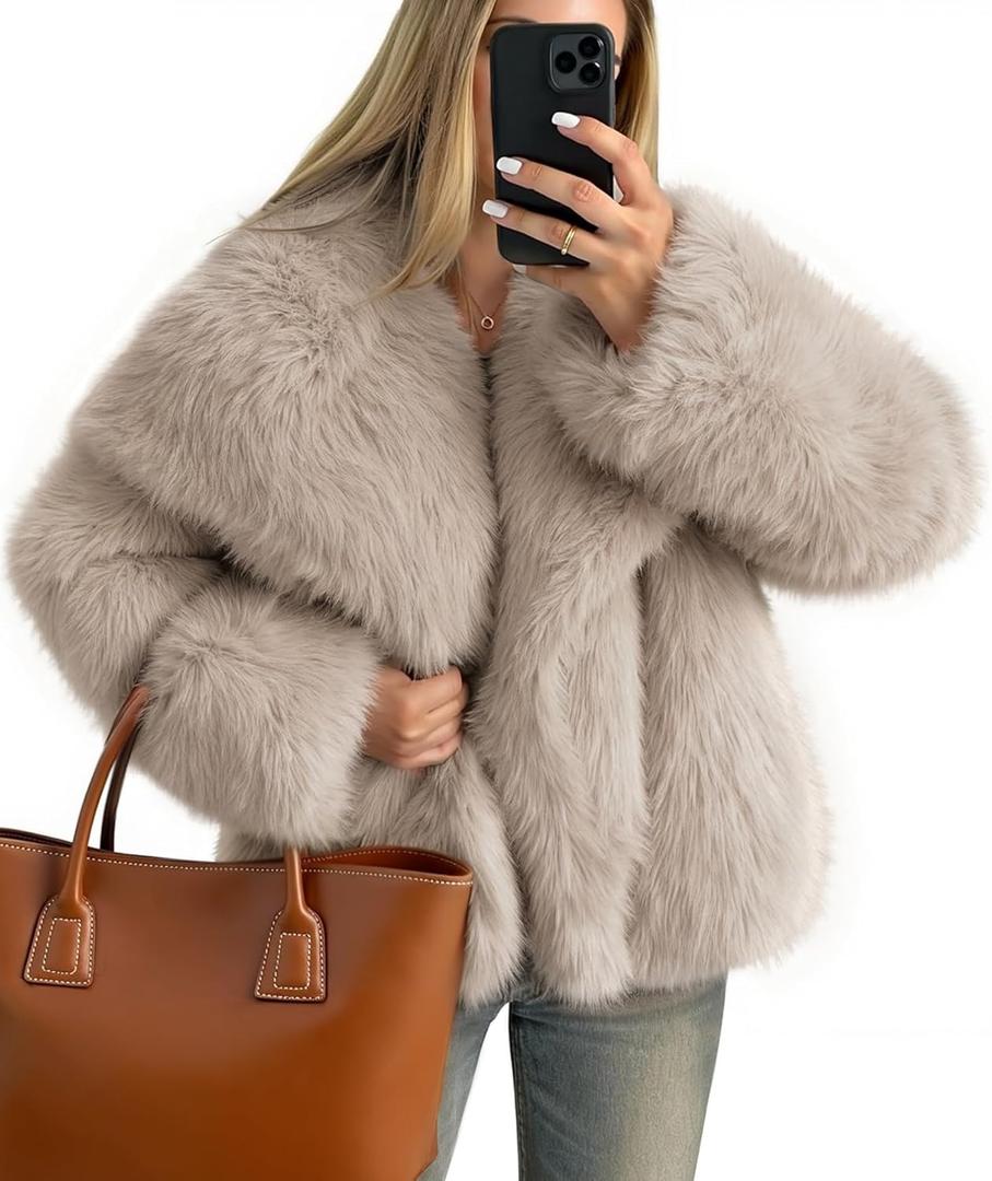 ZESICA Women's Winter Faux Fur Coats Fluffy Jacket 2025 Trendy Long Sleeve Lapel Shaggy Warm Outerwear with Pockets, S