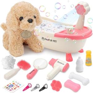 Dog Bath Toys Bathtub Set for Kids 15 Pcs Pet Care Play Set,Real Working Bathtub with Detachable Shower Spray and Accessories,Pretend Role Play for Toddlers 3+Years Old Christmas Birthday Gifts