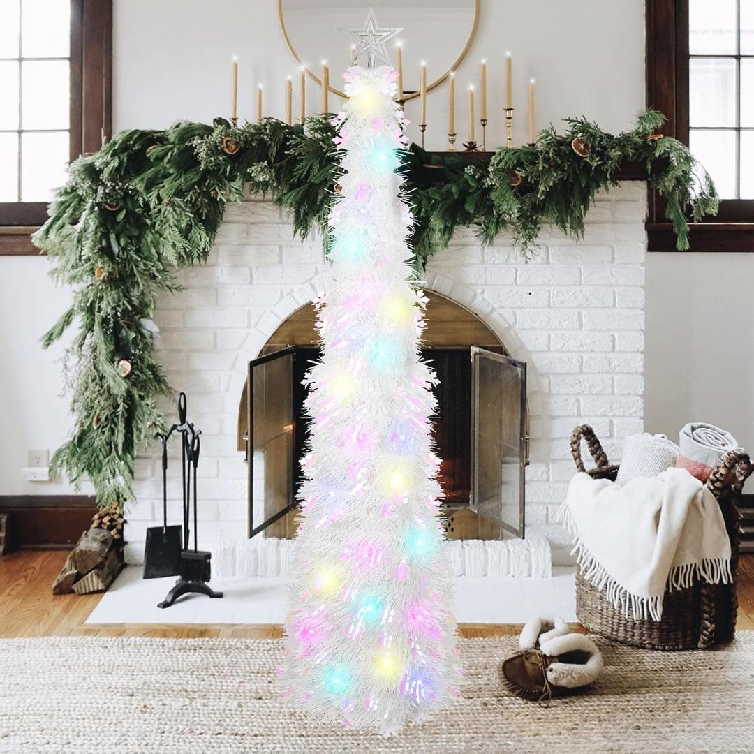 CCINEE Collapsible Pop Up Christmas Tree,5ft Glittery White Tinsel Christmas Trees with Adjustable Snowflake Ornaments Slim Xmas Tree Decoration for Outdoor Indoor Party Display