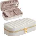 SONGMICS HOME Travel Jewelry Case, Small Jewelry Box Organizer with Mirror, 4.1 x 8 x 2.4 Inches, PU Surface with Stitching, Portable, Cloud White, ANAH Collection UJBC180W01