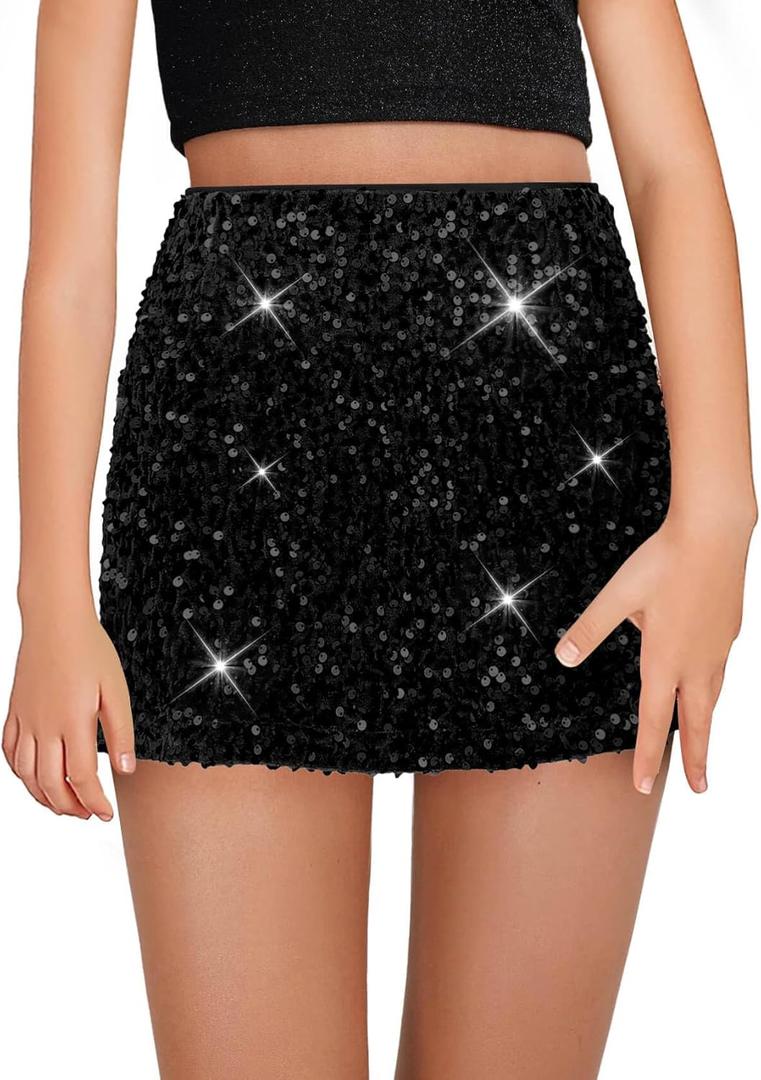 CharmWM Girls Sequin Skirt Kids Fashion High Waisted Sparkle Glitter Party Short Dress Mini Skirts 5-14 Years Black