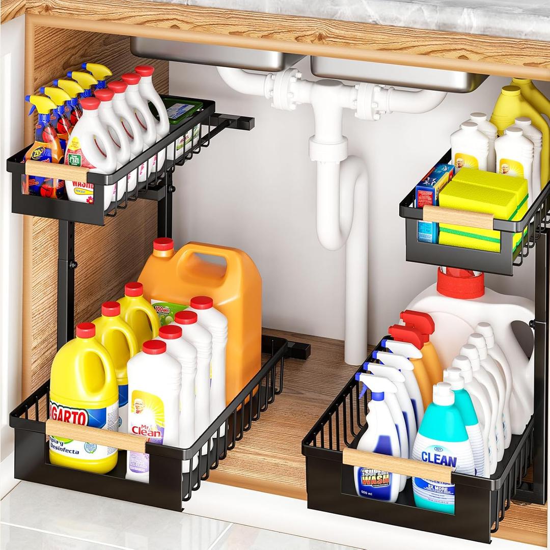 Under Sink Organizer 2-Pack Pull out Cabinet Organizer 2 Tier Metal Shelf Undersink Rack for Kitchen Bathroom Pantry Cabinet Organization and Storage, Black