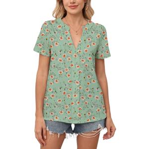 2025 Womens Summer Tunic Tops Casual Dressy V Neck Blouse Loose Fit Short Sleeve T Shirts(Large,Green Daisy)