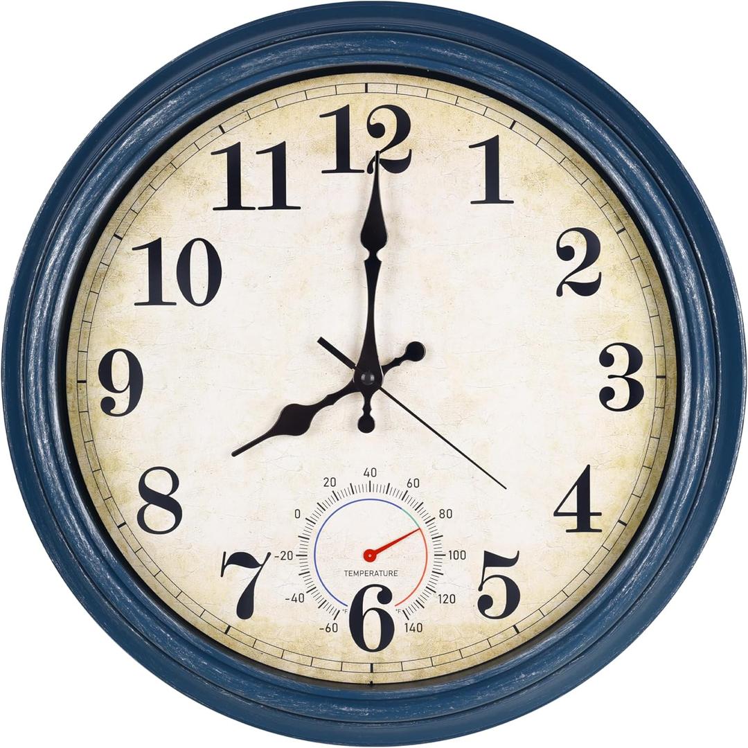 Outdoor Clock Waterproof with Thermometer Wall Clock for Patio Pool Bathroom Kitchen 16 Inch Blue, Large