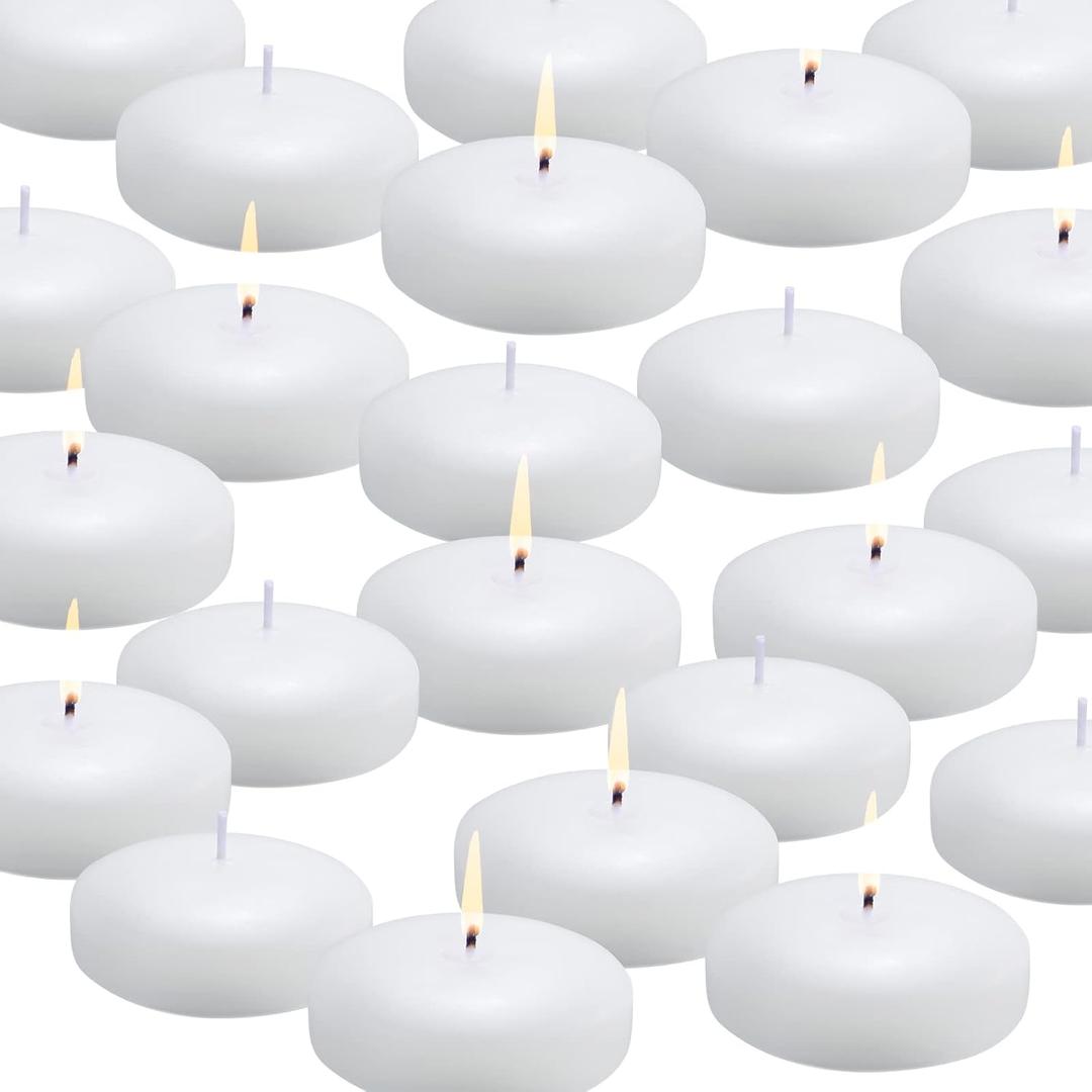 flamecan 24 Pack Floating Candles, 3 White Unscented Dripless Wax Burning Candles, for Cylinder Vases, Weddings, Party and Holiday