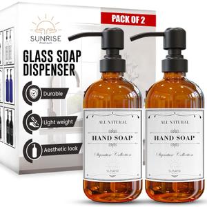 2 Pack Amber Glass Soap Dispenser 16 OZ with Matte Black Stainless Steel Pump, Hand and Dish Soap Dispenser Set for Bathroom and Kitchen Sink with 6 Waterproof Labels