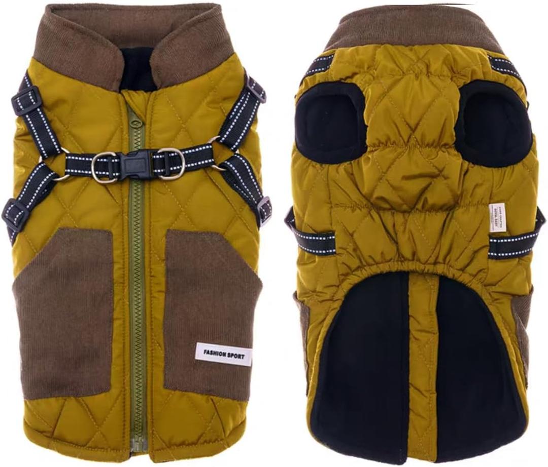 Small Dog Coats for Small Dogs Jackets Fleece Cotton Inner, Waterproof Reflective Dog Jacket with Harness and Zipper, Dog Winter Coats for Cold Weather Small Dogs Coat Winter Clothes (Green, S)