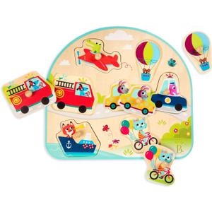 B. toys  Wooden Peg Puzzle  Vehicles Peg Puzzle For Toddlers, Kids  7 Chunky Pieces  18 Months +  Vehicles On the Go!