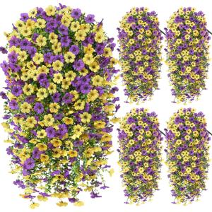 Artificial Hanging Flowers for Outdoors Spring Summer Decoration, 4PCS UV Resistant Silk Fake Hanging Plants for Patio Porch Front Yard Window Garden Indoor Decor(Purple&Yellow,4PCS)
