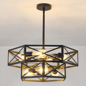 7-Light Dining Room Chandelier, Black Geometric Cage Ceiling Light Fixture, Adjustable Height Farmhouse Hanging Industrial Pendant Light with E26 Base for Kitchen Island Living Room Bedroom Foyer