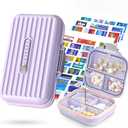Travel Pill Organizer Box with Medicine Labels, 2Pack 7 Compartments Portable Pill Case, Daily Medication Organizer Storage Pill Container for Pocket Pharmacy(Purple, S+L 2pack)