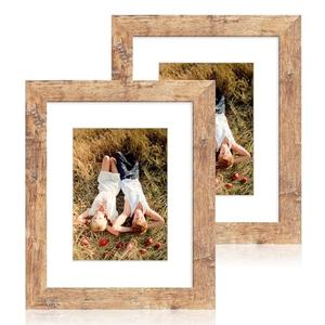 iRahmen 8x10 Picture Frame Set of 2, High Definition Real Glass Rustic Brown Wood Frame, Display Pictures 5x7 with Mat or 8 x 10 Without Mat for Tabletop or Wall Mounting