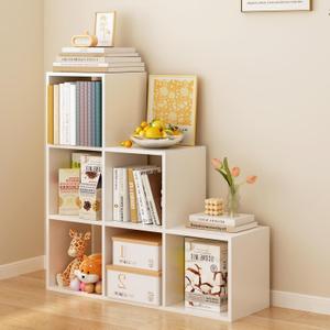 Ladder Cube Storage Bookcase - Wooden L-Shaped 3-Tier Corner Shelf, Reversible 6-Cube Organizer for Home & Office, White