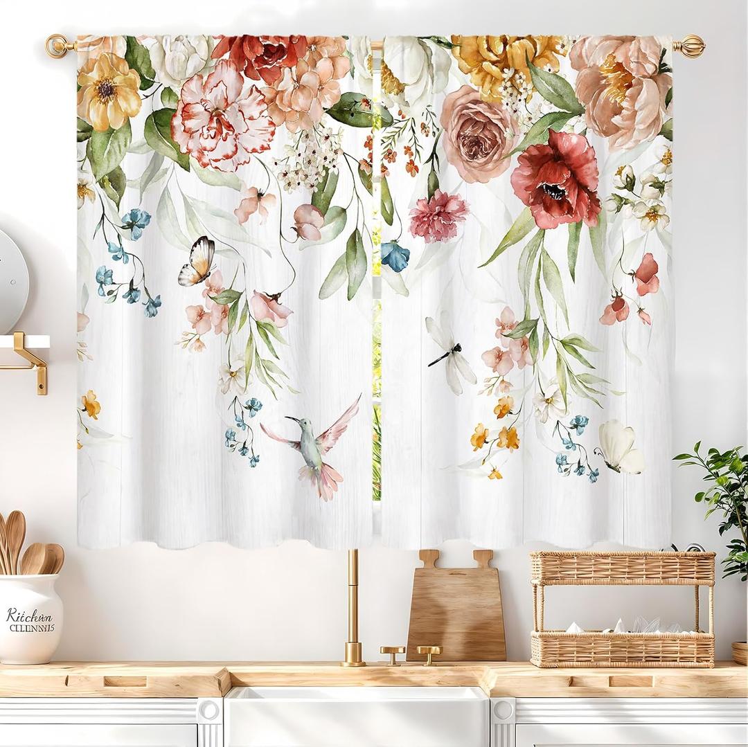 Watercolor Floral Blossom Kitchen Curtains Rod Pocket Rustic Flower Plant Colorful Farmhouse Small Short Cafe Tier Curtain Spring Wildflower Window Drapes Treatment (27.5W X 39L Inch 2 Panel)