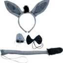 4Pcs Set Animal Dress Up Costume Kit Pig Ear Headband Tail Halloween Party Accessories (Donkey)