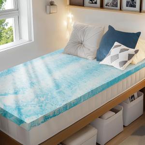 PERLECARE 3 Inch Twin Memory Foam Mattress Topper, Cooling Gel Infused Mattress Pad, Ventilated Bed Topper for Pressure Relief, CertiPUR-US Certified, Dorm Room Essentials, Blue
