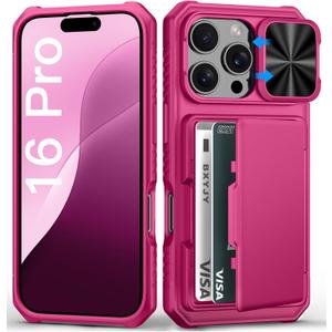 BXYJY for iPhone 16 Pro Wallet Case with Credit Card Holder (4-5 Cards), Military Grade Protection, Slide Camera Cover, Hard Rugged Women Girly Men Protective Phone Case for iPhone 16 Pro, Hot Pink