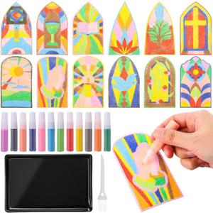 AmazingSpark 12 Set Easter Sunday Crafts Religious Sand Art Kits for Kid Christian Coloring Craft Sand Painting Catholic Church Window for Sunday VBS Supplies DIY Activities Gifts(Elegant Pattern)