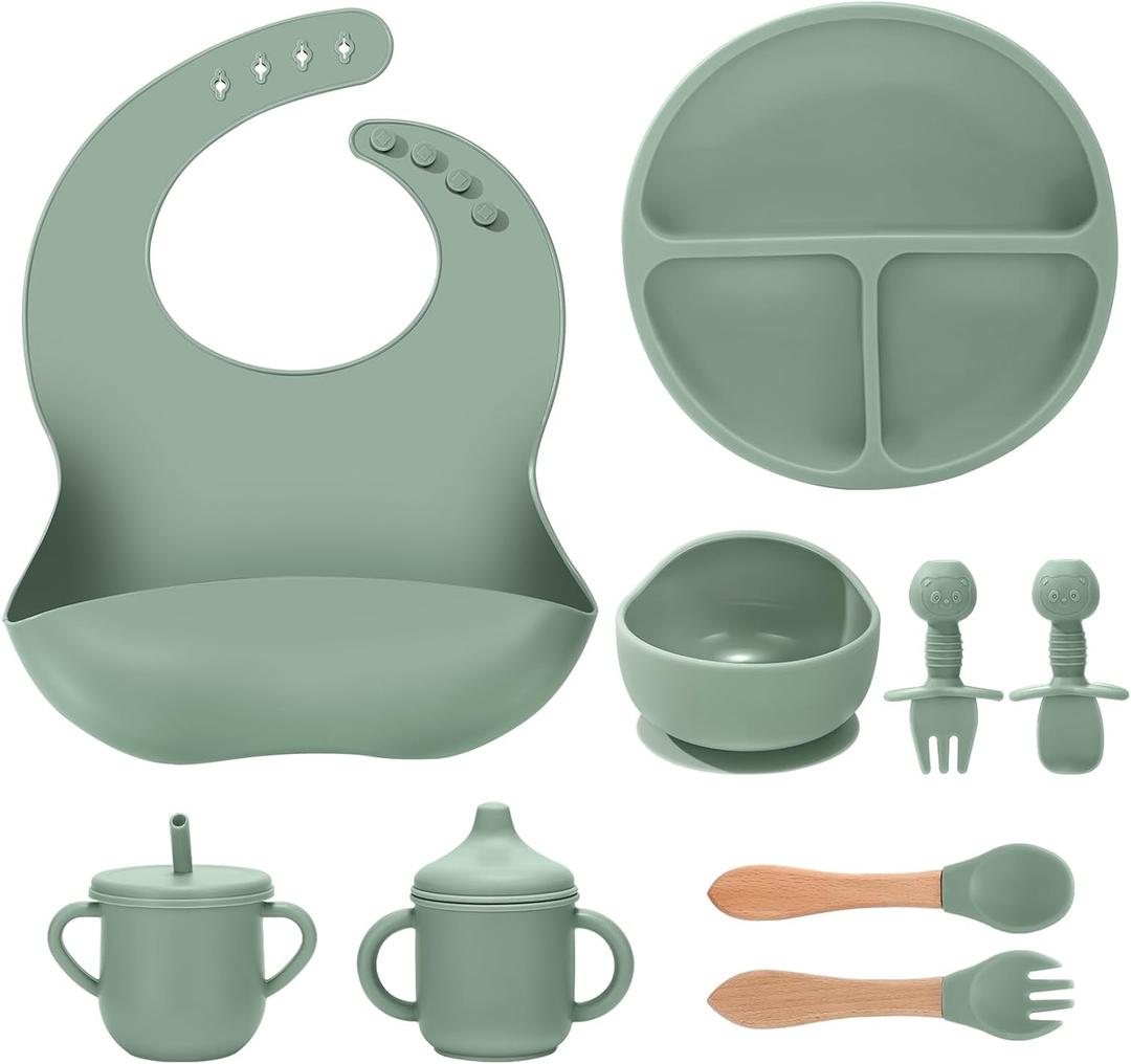 Silicone Baby Feeding Set 9 Pcs, Spill-Proof Suction Plate, Bowl, Bib, Silicone spoon&forks, Wooden Spoons&forks, Training cup with straw and Sippy Cup, Baby Eating Utensils (Green)