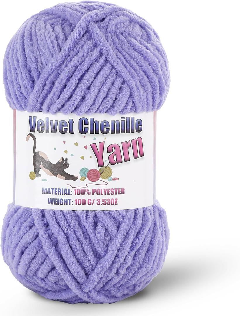 Fluffy Chenille Yarn for Crocheting, Chunky Velvet Yarn for Crochet Amigurumi, Used for Making Baby Yarns Blanket, Clothes, Pattern Knitting Creations (1-Light Lavender)