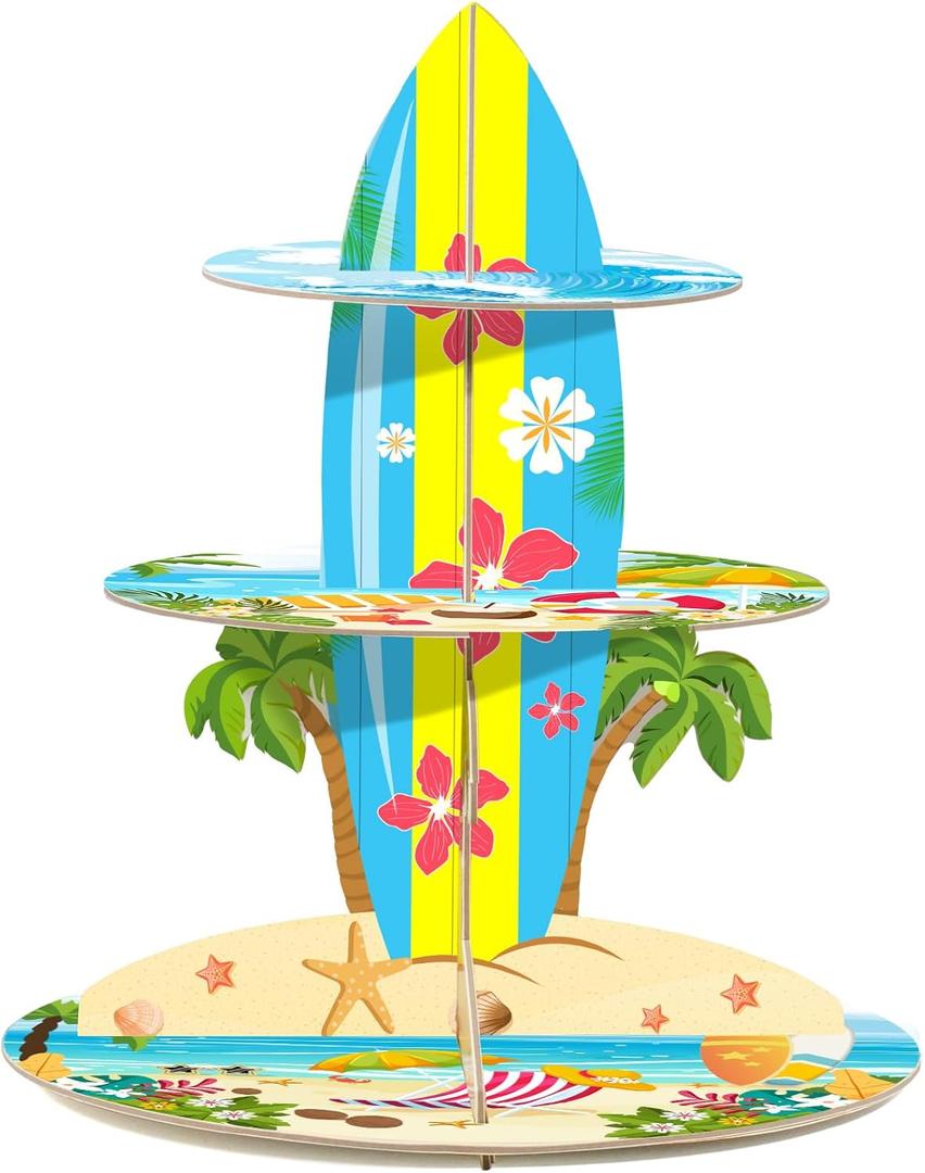 3-Tier Cupcake Stand for Beach Party Decorations - Multi-Colored Tropical Luau Pool Party Supplies, Hawaiian Themed Birthday Cake Stand for Baby Shower Wedding Decorations (Yellow)