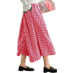 FaroDor Women Gingham Culottes Wide Leg Palazzo Pants Elastic Waist Plaid Capri with Pocket (XX-Large, Red)