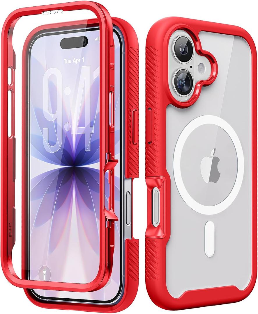 Magnetic for iPhone 17 Case with Built-in Sensitive Screen Protector, Full-Body Dual Front & Back Protective Phone Case [Compatible with MagSafe] Drop Proof 17 Cover 6.3 Inch, Red