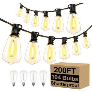 Brightever Outdoor String Lights 200FT Waterproof, Patio String Lights for Outside with 100+4 ST38 Shatterproof LED Filament Bulbs, Dimmable Hanging Lights for Christmas, Party, Cafe (2-Pack 100FT)