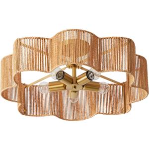 21 Rattan Light Fixtures Ceiling Light Wicker Boho Chandelier with Hand Woven Brushed Brass Finish Flower Shade for Kids Room Bedroom Laundry Room Cloak Room 5-Light